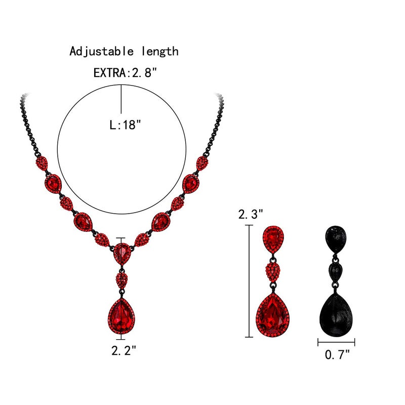 EleQueen Women's Cubic Zirconia Teardrop Y-Necklaces Dangle Earrings Sets for Brides Bridesmaids Ruby Black-Tone - Image 4